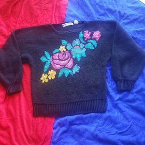 VTG Retrospective Womens Medium Flower Rose Knitted Black Crop Cut Sweater